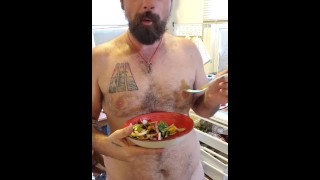 Naked salad toss: eating and hanging out with my dogs