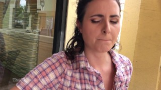 Making her cum her publicly with remote vibrator under the table
